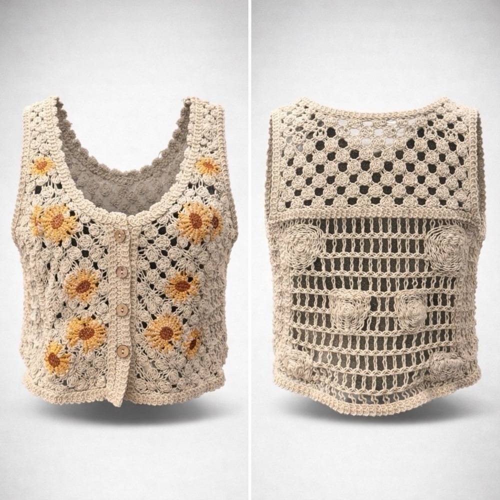 Rebellion Again Ivory Crochet Sunflower Crop Top‎ Boho Button Front Vest 27775 L